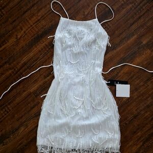 NWT Lulus White Fringe Making Magic Fringe Dress XS Backless Tie